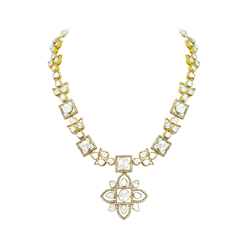 Polki Necklace with Floral Motifs and Lotus-Inspired Pendant